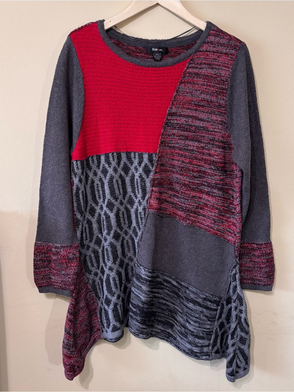 Style & Co. Red and Charcoal Patchwork Knit Tunic